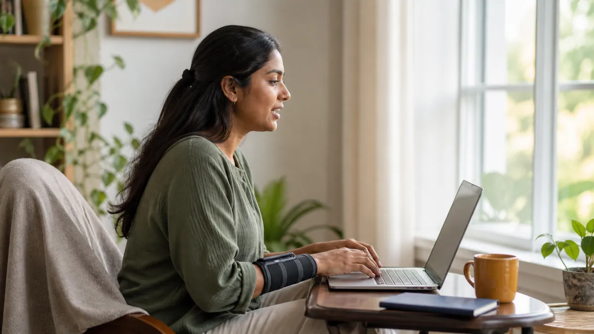 Young South Asian woman using voice typing at a laptop in a bright reading nook