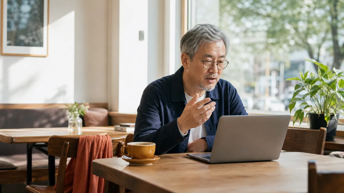 Older East Asian man drafting naturally by voice at a laptop in a bright quiet cafe