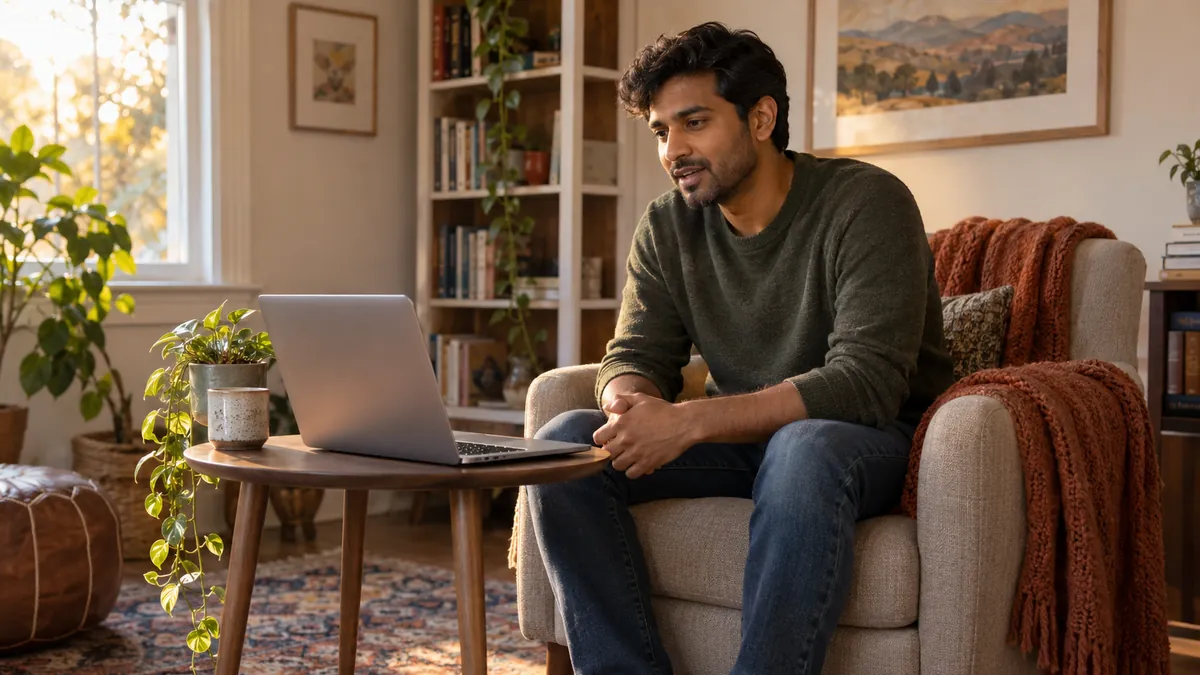 Young adult hobby novelist speaking toward one laptop from an armchair in a warm reading nook