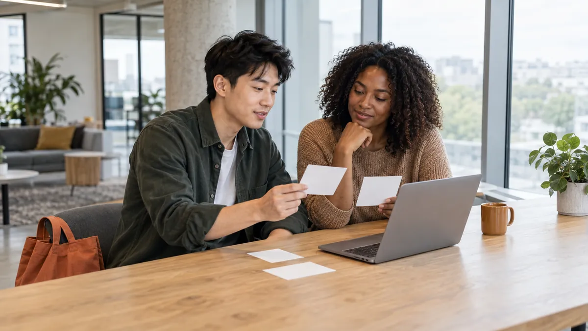 Two young adult freelancers comparing blank plan cards beside one open laptop in a bright co-working space