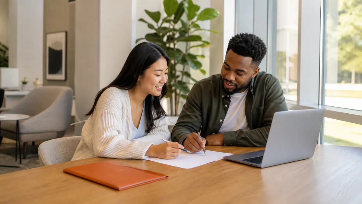 Two young adult job seekers reviewing blank application notes beside one open laptop in a university career lounge