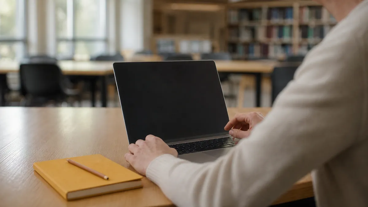 Hands-only view of a person speaking softly toward a laptop in a quiet university library with warm notebook accents