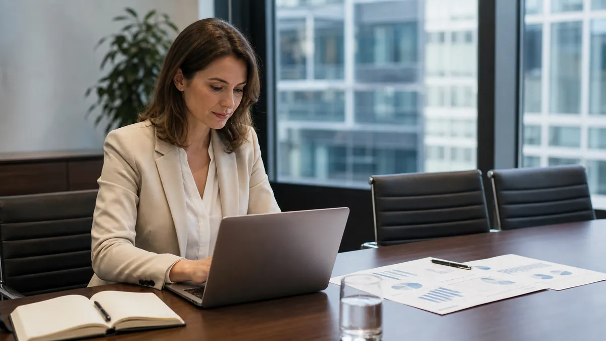 Consultants reviewing notes together at a conference table