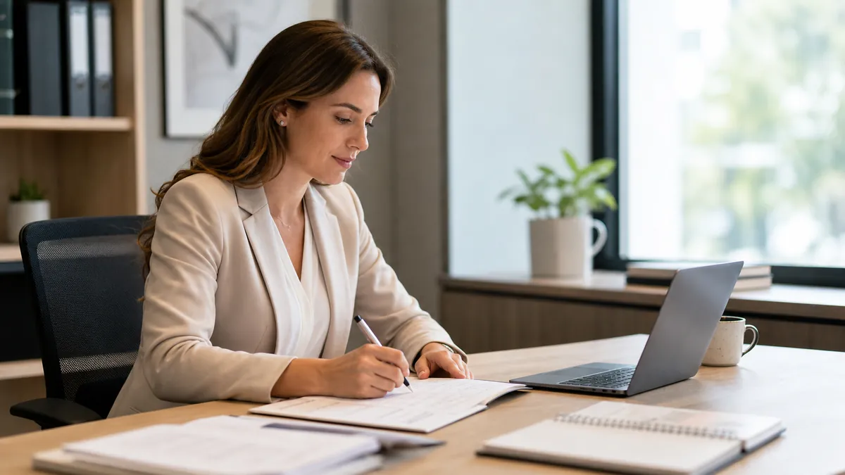Executive assistant reviewing calendar notes beside a laptop