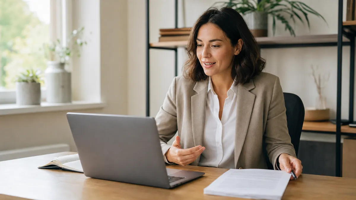 Recruiter dictating interview notes at a laptop in a quiet office