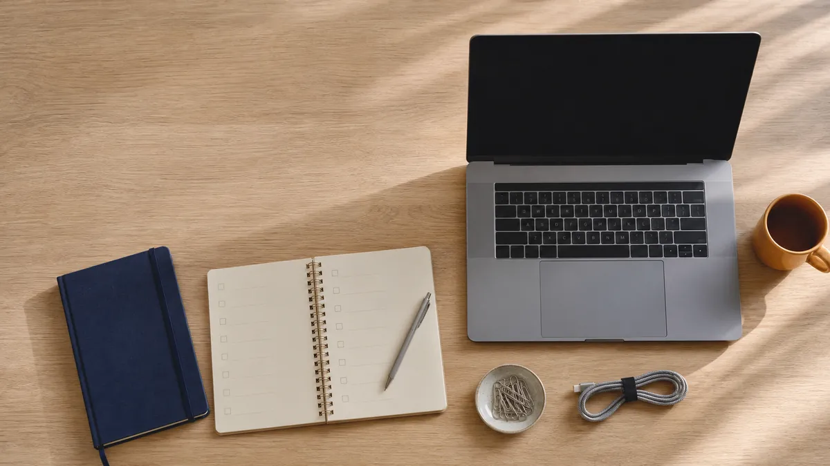 Overhead flat-lay of a laptop, privacy checklist notebook, warm wooden desk, and amber mug in a calm home office workspace
