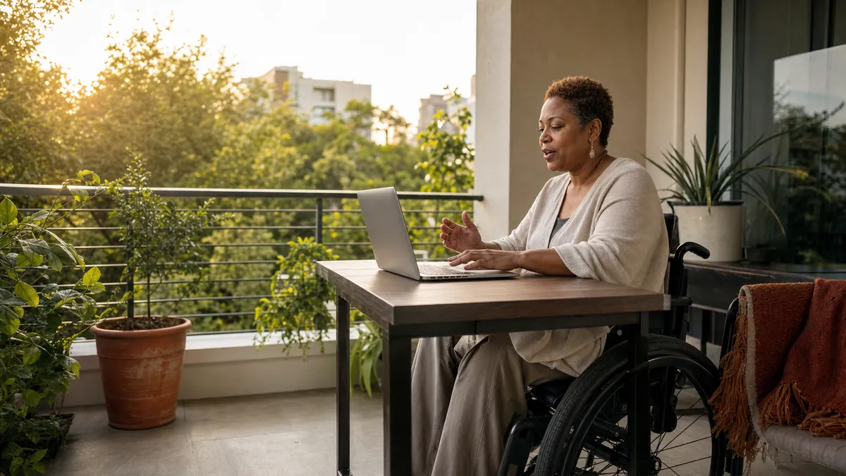 Middle-aged Black woman using a wheelchair working by voice at a laptop on a warm sunlit balcony terrace