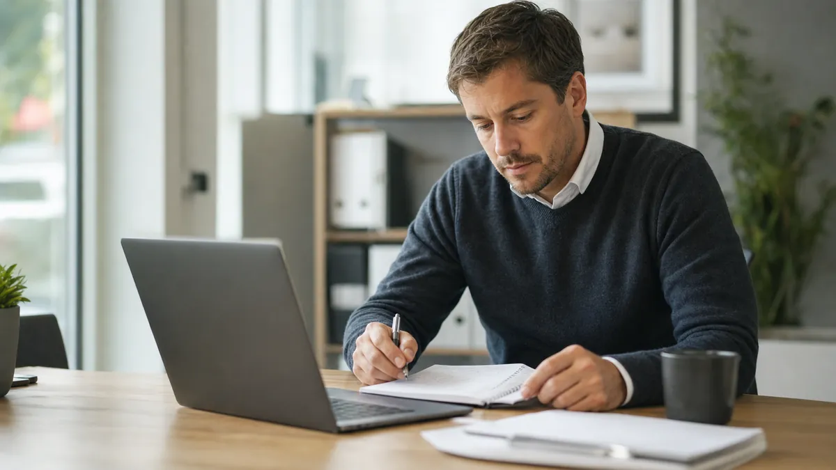 Person working at a Windows laptop in a bright, realistic office