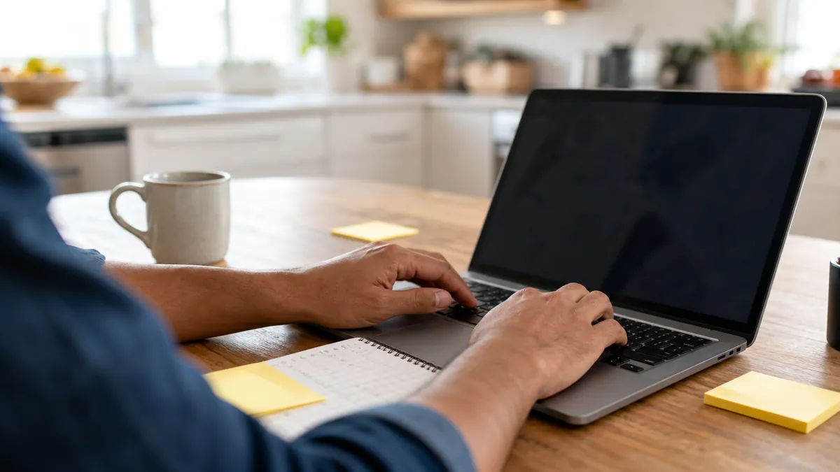Hands-only over-the-shoulder view of a Windows laptop, keyboard, and shortcut notes on a warm kitchen table